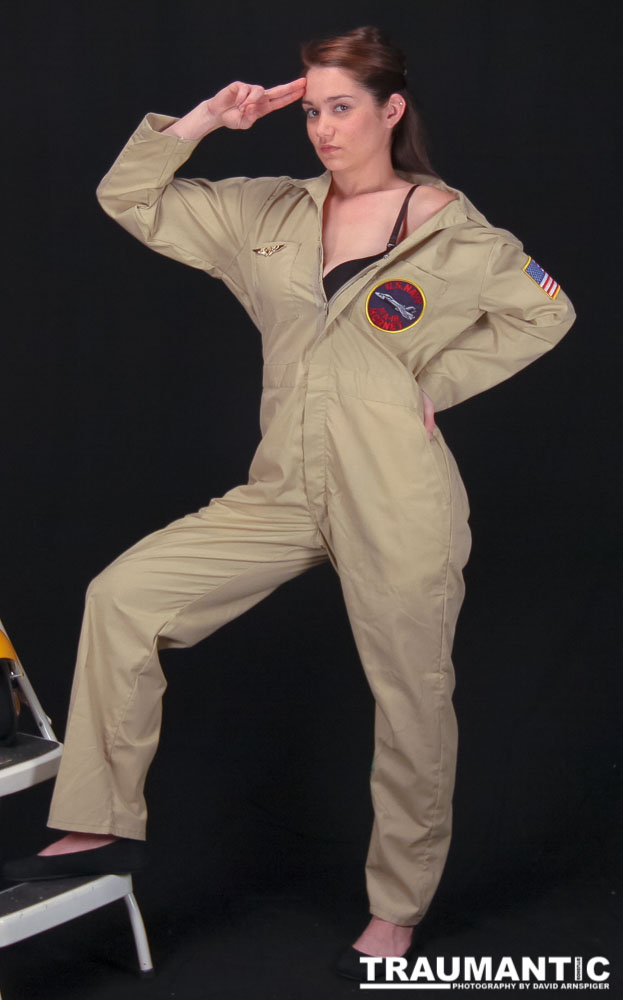 Lindsey was visiting and wanted to shoot, and I had an idea for a pinup based on a pilot's helmet I had recently been given.  So we went to a local military surplus and whipped up a pilot costume and did this shoot.